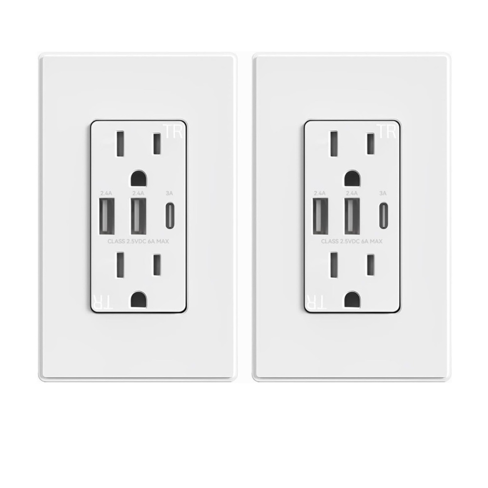 USB Outlets Receptacles, 3-Port USB C Wall Outlet, 30W, 2 Pack, Matte‎ White